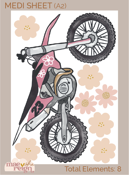 Pink Motocross Bike with Flowers Wall Decals - Mae She Reign - Creative Studio