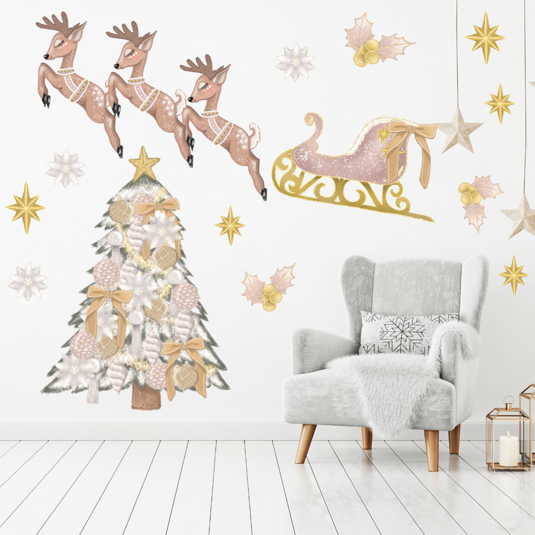 Pink & Gold Reindeer & Sleigh Christmas Wall Decals - Mae She Reign - Creative Studio