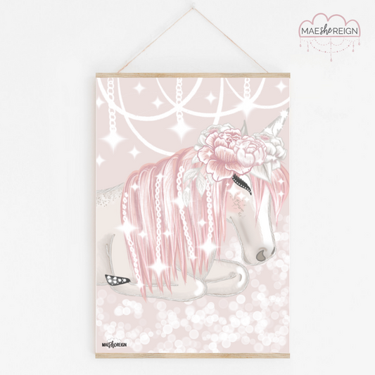Celeste the Unicorn Sleeping with Flower Crown - Pink Background - Mae She Reign - Creative Studio