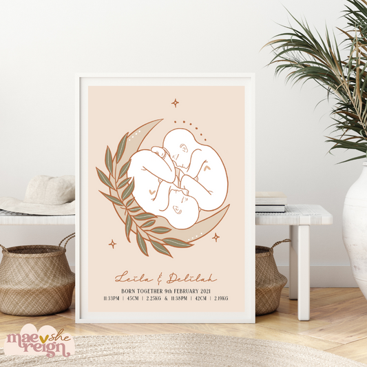 Luna TWIN Baby with Wreath Personalised Birth Poster