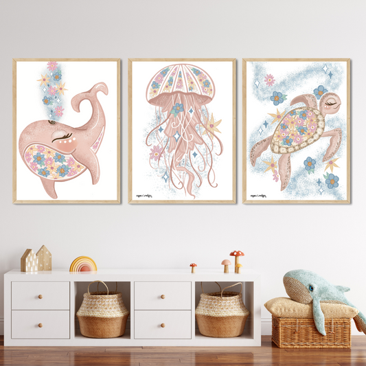 Pink Floral Ocean Creatures Set (Trio) - Mae She Reign - Creative Studio