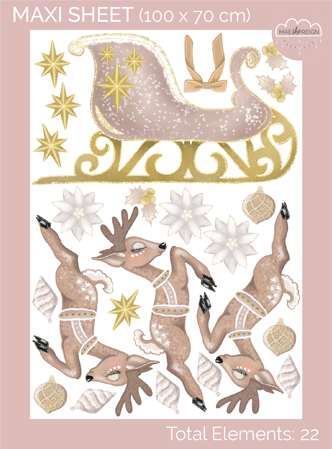 Pink & Gold Reindeer & Sleigh Christmas Wall Decals - Mae She Reign - Creative Studio