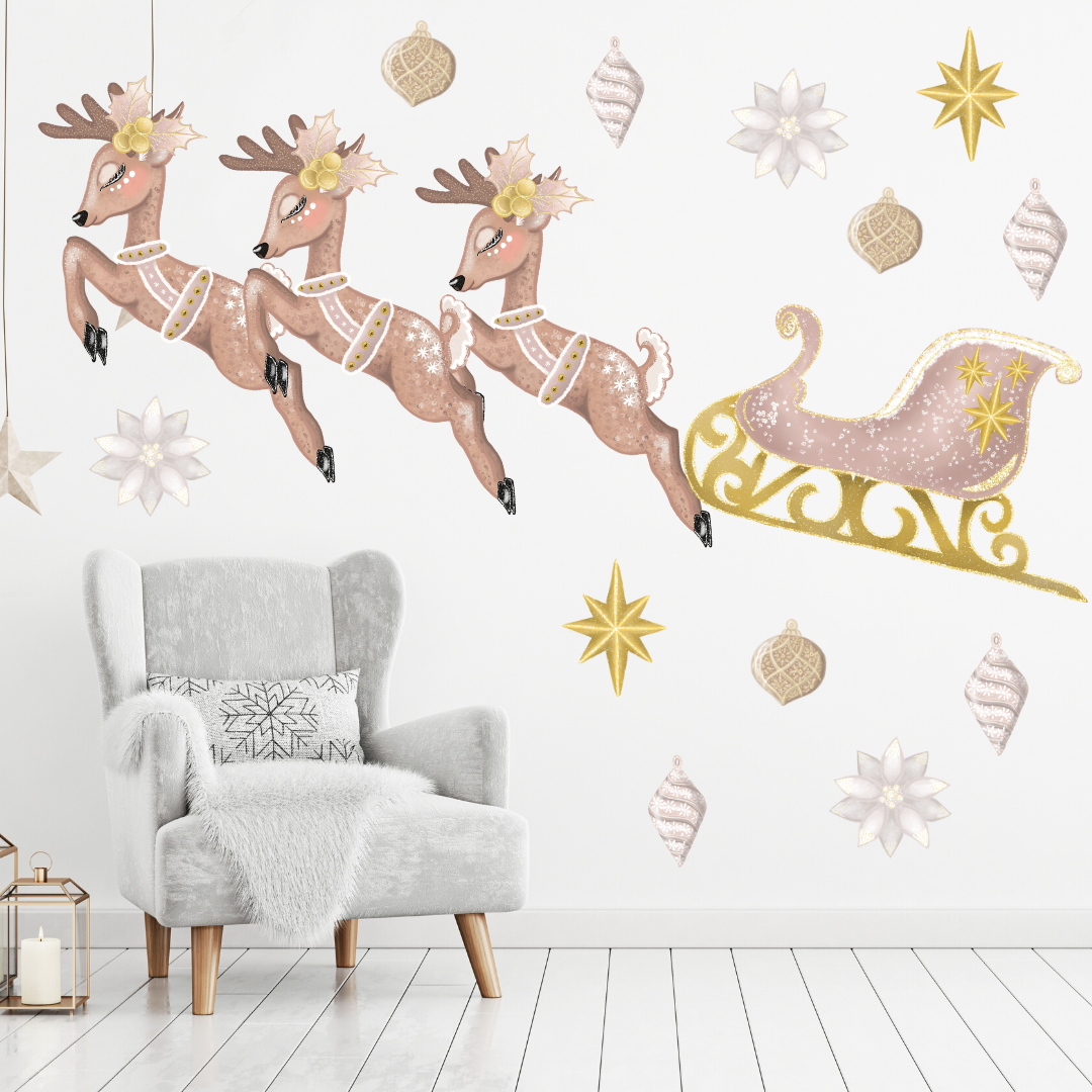 Pink & Gold Reindeer & Sleigh Christmas Wall Decals - Mae She Reign - Creative Studio