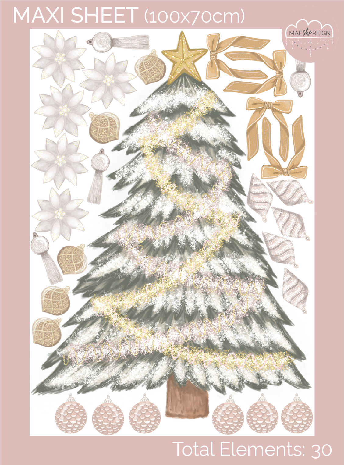 Pink & Gold Christmas Tree with Individual Decorations Wall Decal - Mae She Reign - Creative Studio