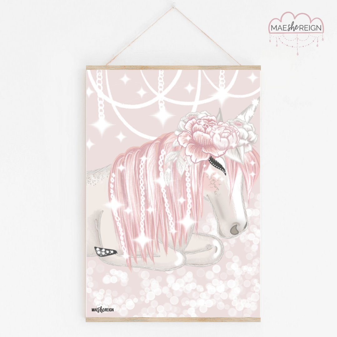 Celeste the Unicorn Sleeping with Flower Crown - Pink Background - Mae She Reign - Creative Studio