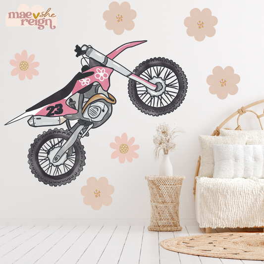 Pink Motocross Bike with Flowers Wall Decals - Mae She Reign - Creative Studio