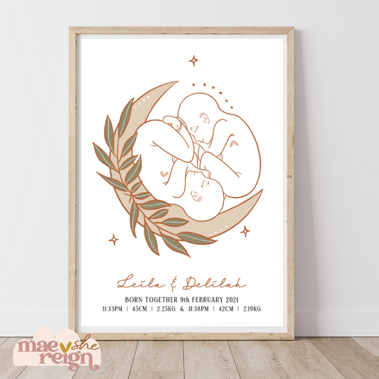 Luna TWIN Baby with Wreath Personalised Birth Poster