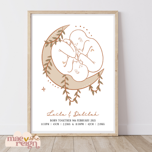 Luna TWIN Baby with Vine Personalised Birth Poster