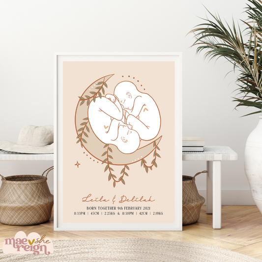 Luna TWIN Baby with Vine Personalised Birth Poster
