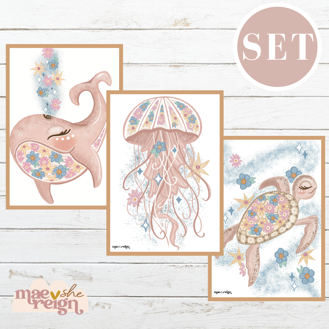 Pink Floral Ocean Creatures Set (Trio) - Mae She Reign - Creative Studio